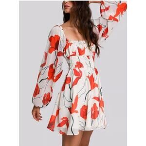 Hutch Bertie Red Poppy Chiffon Mini Dress Square Neck Long Sleeve Size M NWT